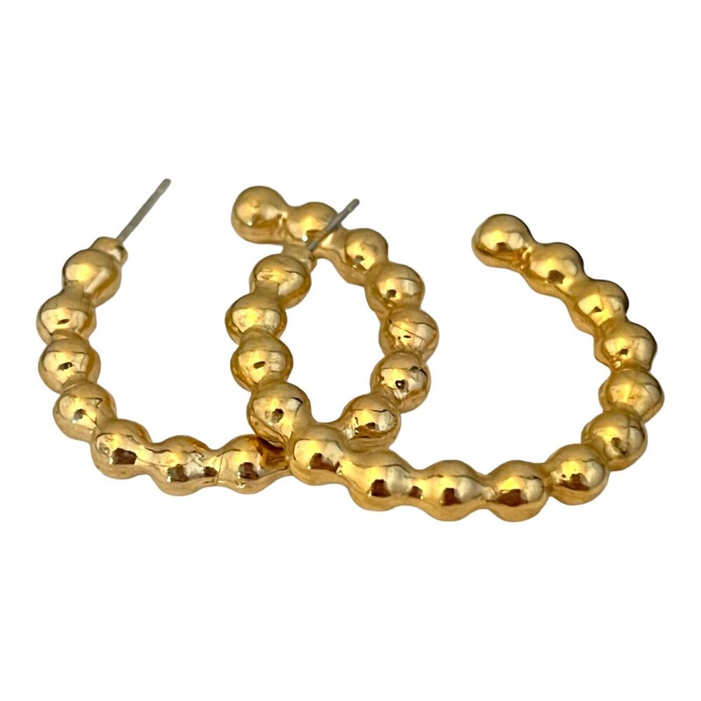 Vintage 1980s Gold Tone Beaded Hoop Earrings Original Stock - 3V